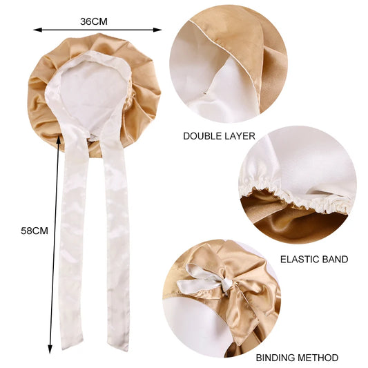 Double Layer Satin Bonnet with Wide Stretch Ties